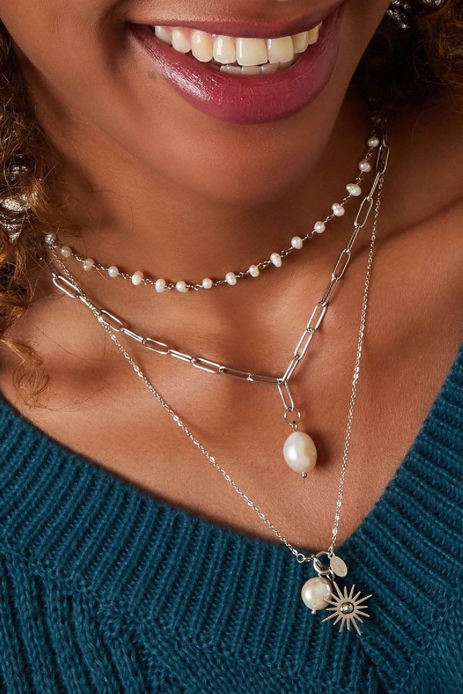 Collar grueso con perla Plata Acero inoxidable Imagen3